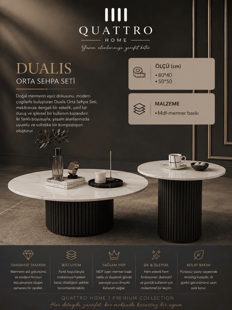 Quattro Home Dualis Yuvarlak Mermer Baskılı İkili Orta Sehpa Seti MDF 80x40 50x50 cm