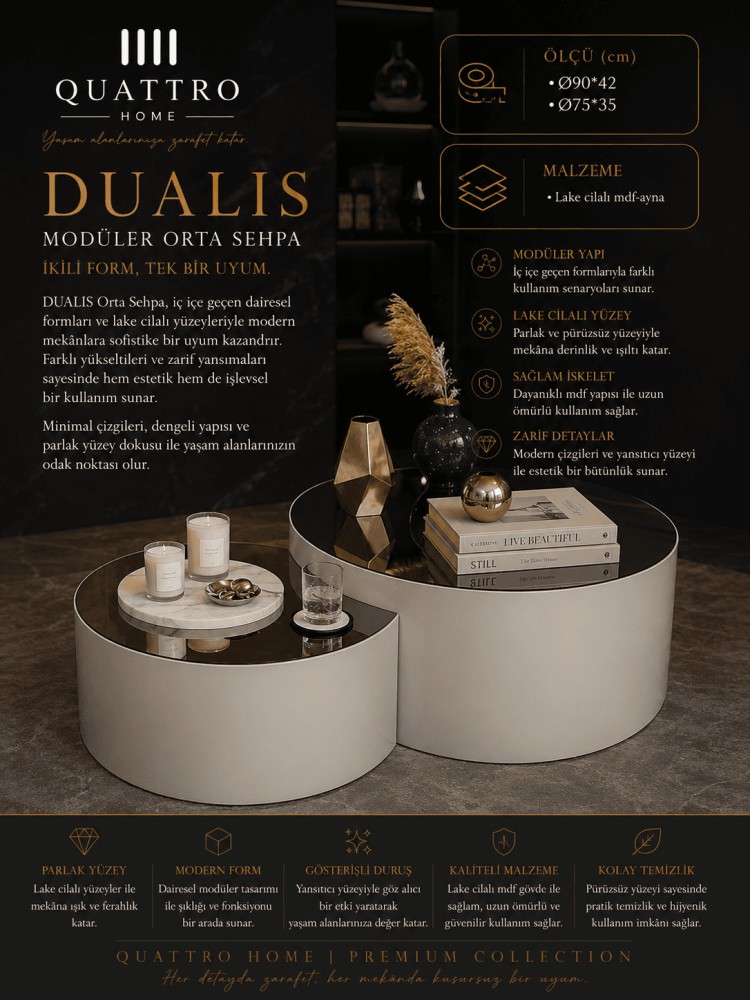 Quattro Home Dualis Yuvarlak Modüler Orta Sehpa Beyaz Lake Cilalı MDF Aynalı Yüzey 90x42 75x35 cm