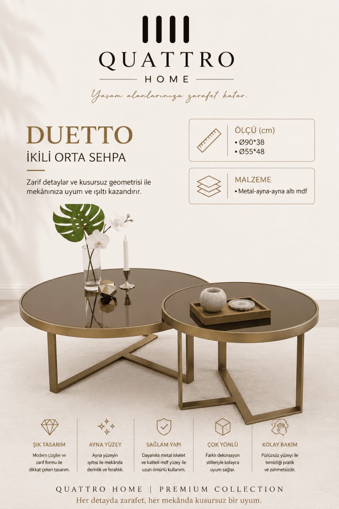 Quattro Home Duetto Yuvarlak Aynalı İkili Orta Sehpa Gold Metal Ayaklı 90x38 55x48 cm