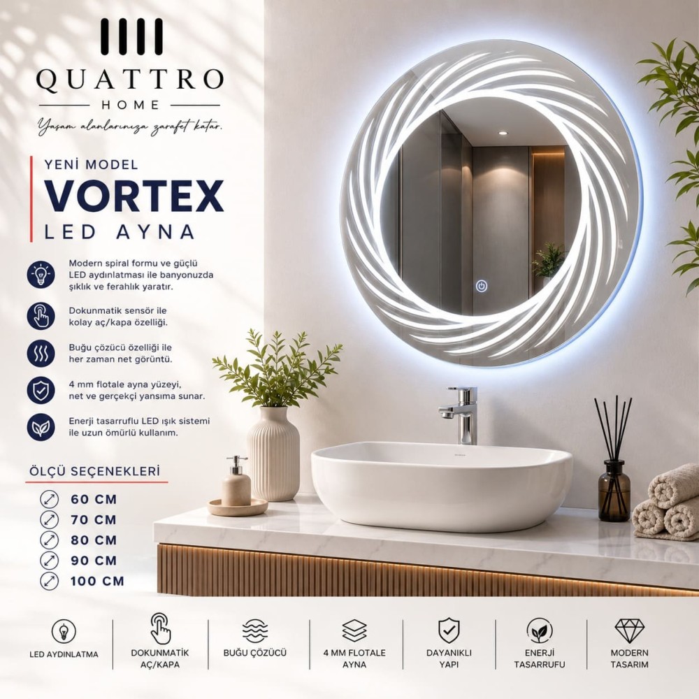Quattro Home Vortex LED Ayna | Buğu Çözücülü Spiral Tasarım Yuvarlak Ayna