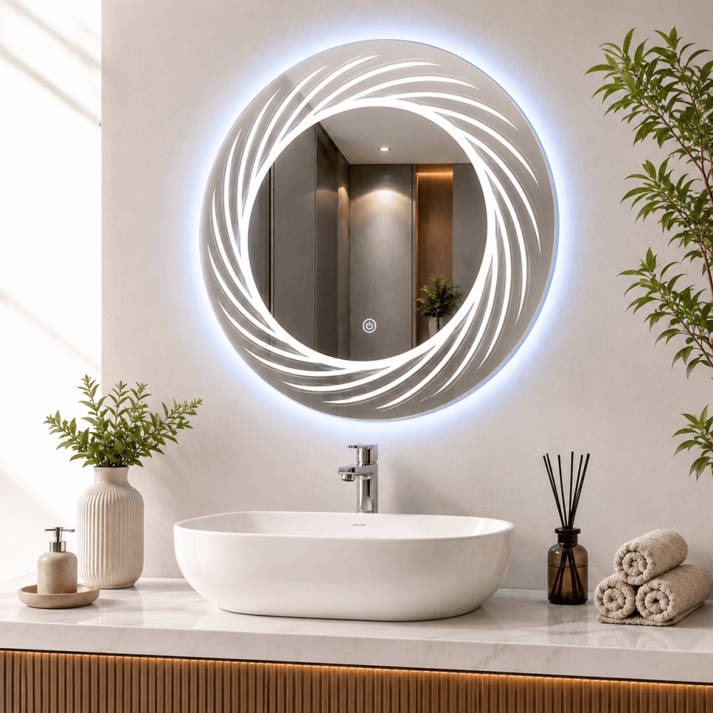 Quattro Home Vortex LED Ayna | Buğu Çözücülü Spiral Tasarım Yuvarlak Ayna görsel 2