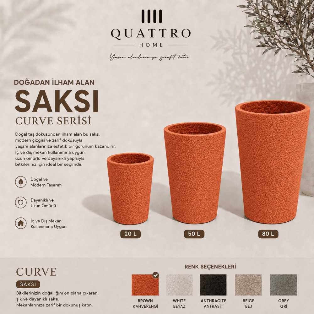 Quattro Home Curve Serisi Saksı Doğal Taş Dokulu İç ve Dış Mekan Saksı