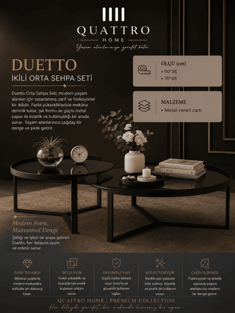 Quattro Home Duetto Yuvarlak İkili Orta Sehpa Seti Siyah Metal Renkli Cam 90x38 70x48 cm
