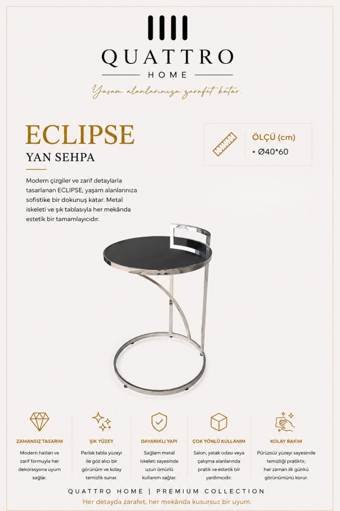 Quattro Home Eclipse Yuvarlak Metal Yan Sehpa Gümüş Siyah Parlak Tabla Ø40x60 cm