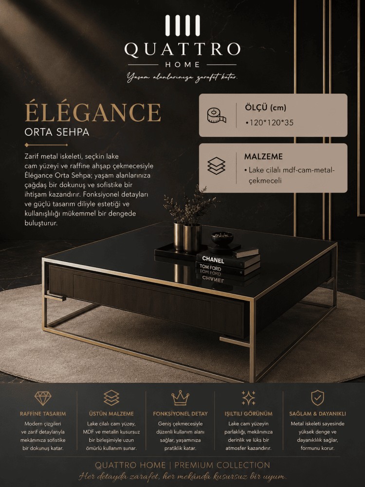 Quattro Home Élégance Kare Çekmeceli Orta Sehpa Gold Metal Lake Cilalı MDF Cam 120x120x35 cm