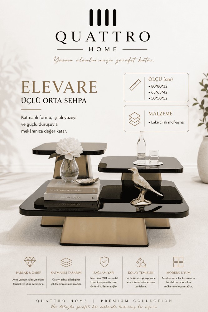 Quattro Home Elevare Kavisli Kare Üçlü Orta Sehpa Siyah Gold Lake Cilalı MDF Aynalı Yüzey 80x80x32 65x65x42 50x50x52 cm
