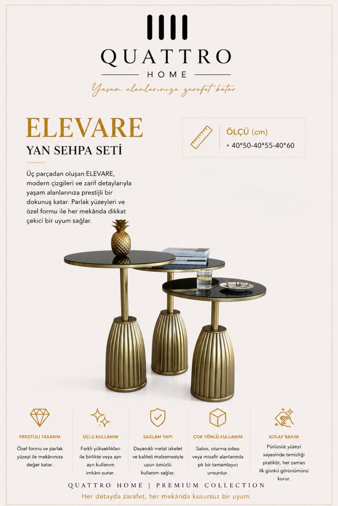 Quattro Home Elevare Yuvarlak Üçlü Yan Sehpa Seti Gold Metal Siyah Parlak Yüzey 40x50 40x55 40x60 cm