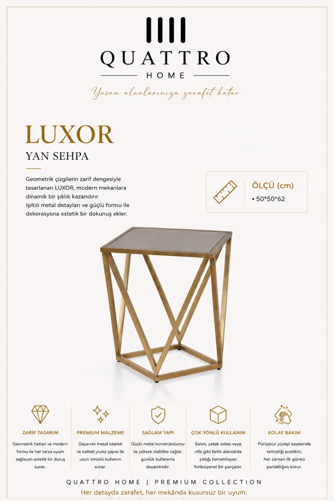 Quattro Home Luxor Kare Geometrik Yan Sehpa Gold Metal Gövdeli Cam Yüzey 50x50x62 cm
