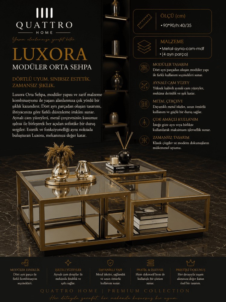 Quattro Home Luxora Kare Dörtlü Modüler Orta Sehpa Gold Metal Aynalı Cam MDF 90x90x40/35 cm