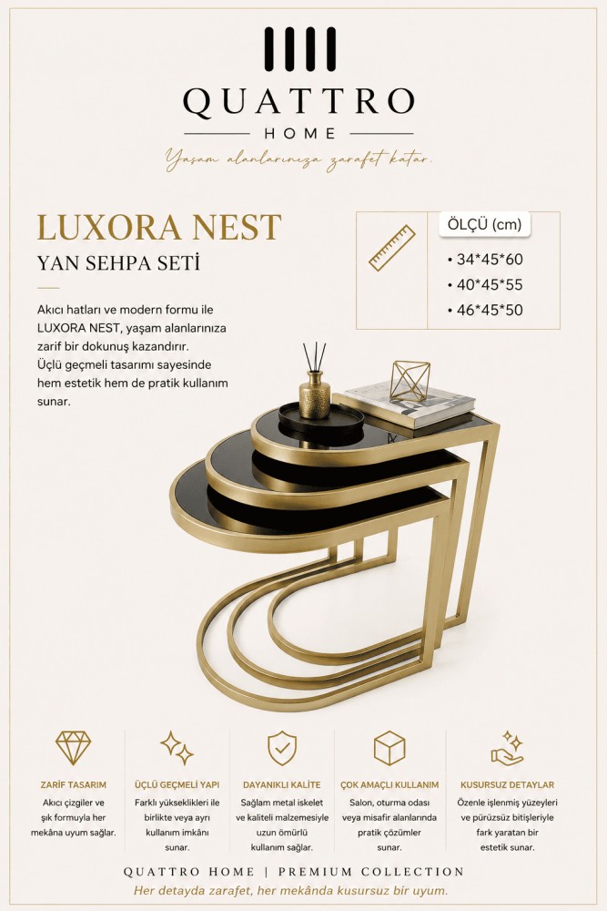 Quattro Home Luxora Nest Oval Üçlü Yan Sehpa Seti Gold Metal Siyah Aynalı Yüzey 34x45x60 40x45x55 46x45x50 cm