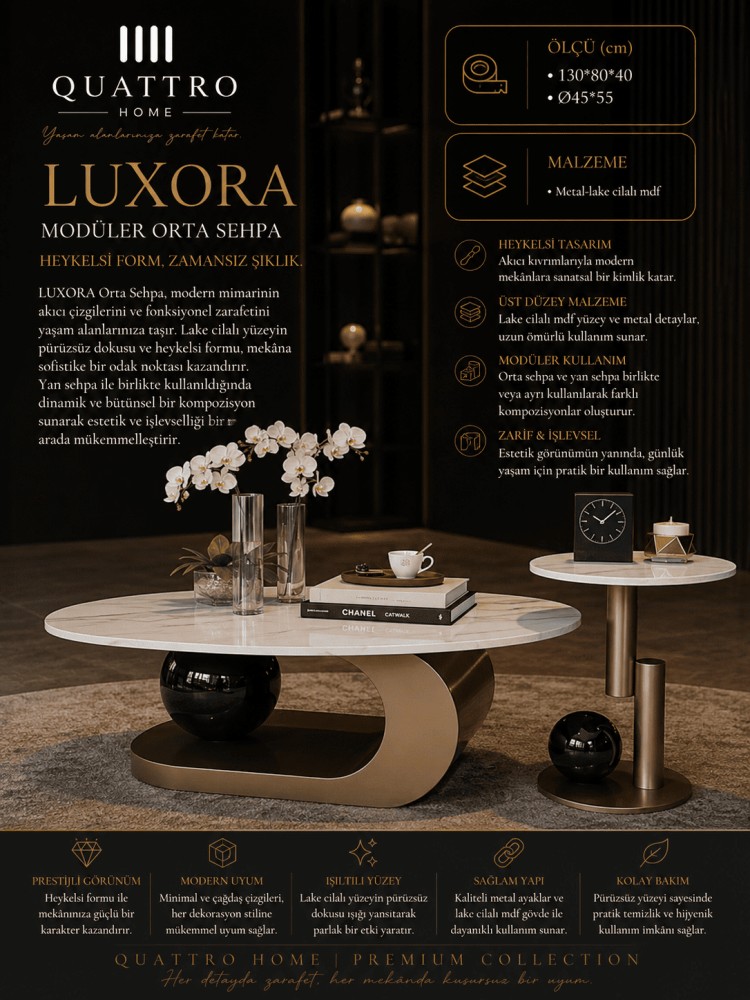 Quattro Home Luxora Oval Modüler Orta Sehpa Seti Metal Lake Cilalı MDF 130x80x40 Ø45x55 cm