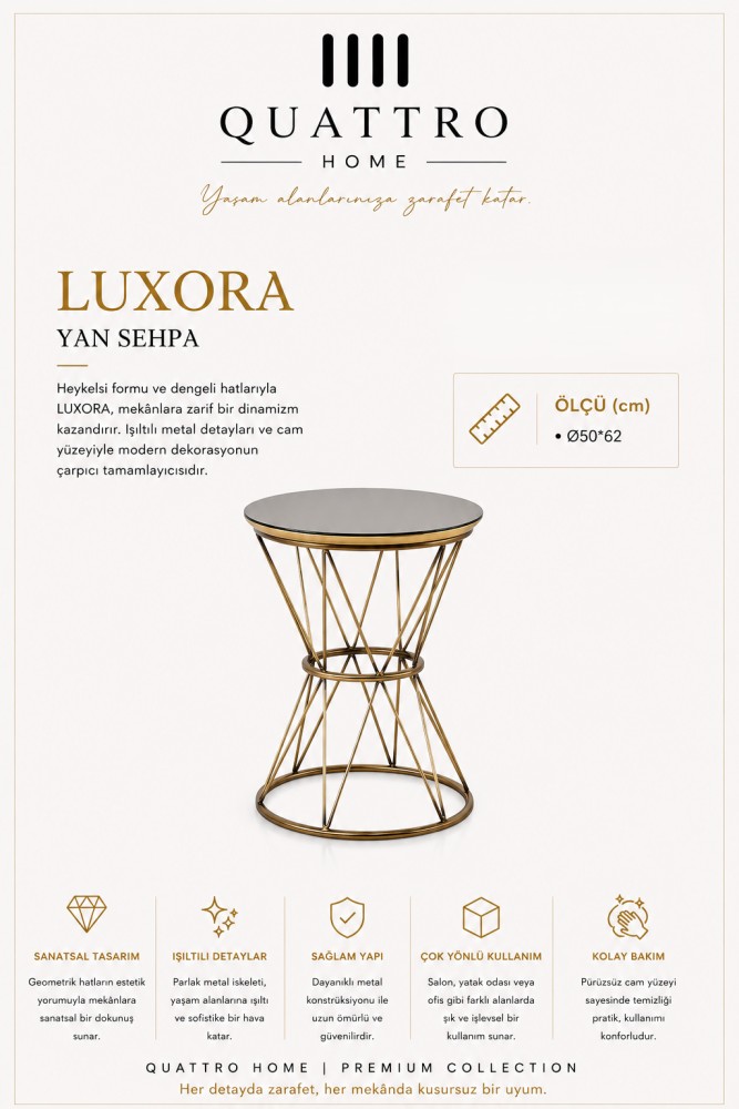 Quattro Home Luxora Yuvarlak Geometrik Yan Sehpa Gold Metal Gövdeli Cam Yüzey Ø50x62 cm