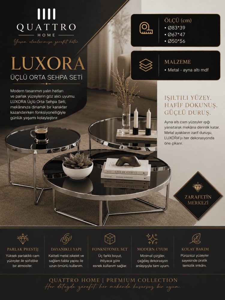 Quattro Home Luxora Yuvarlak Üçlü Orta Sehpa Seti Metal Aynalı Yüzey Ayna Altı MDF Ø83x39 Ø67x47 Ø50x56 cm