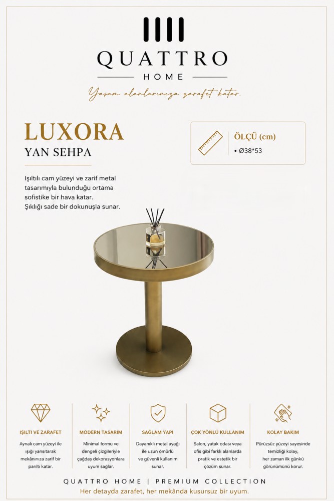 Quattro Home Luxora Yuvarlak Yan Sehpa Gold Metal Ayaklı Aynalı Cam Yüzey Ø38x53 cm