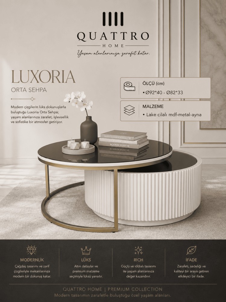 Quattro Home Luxoria Yuvarlak Orta Sehpa Seti Lake Cilalı MDF Metal Aynalı Yüzey Ø92x40 Ø82x33 cm