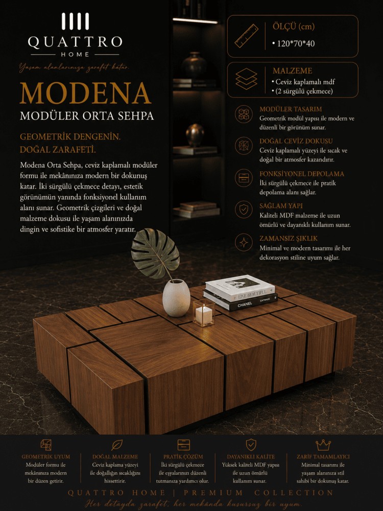 Quattro Home Modena Dikdörtgen Modüler Ceviz Kaplamalı 2 Çekmeceli Orta Sehpa 120x70x40 cm