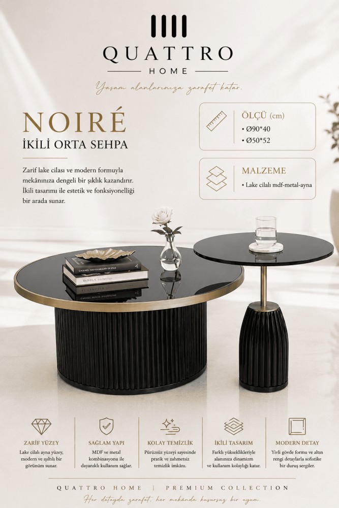 Quattro Home Noiré Yuvarlak İkili Orta Sehpa Siyah Gold Lake Cilalı MDF Metal Aynalı Yüzey Ø90x40 Ø50x52 cm
