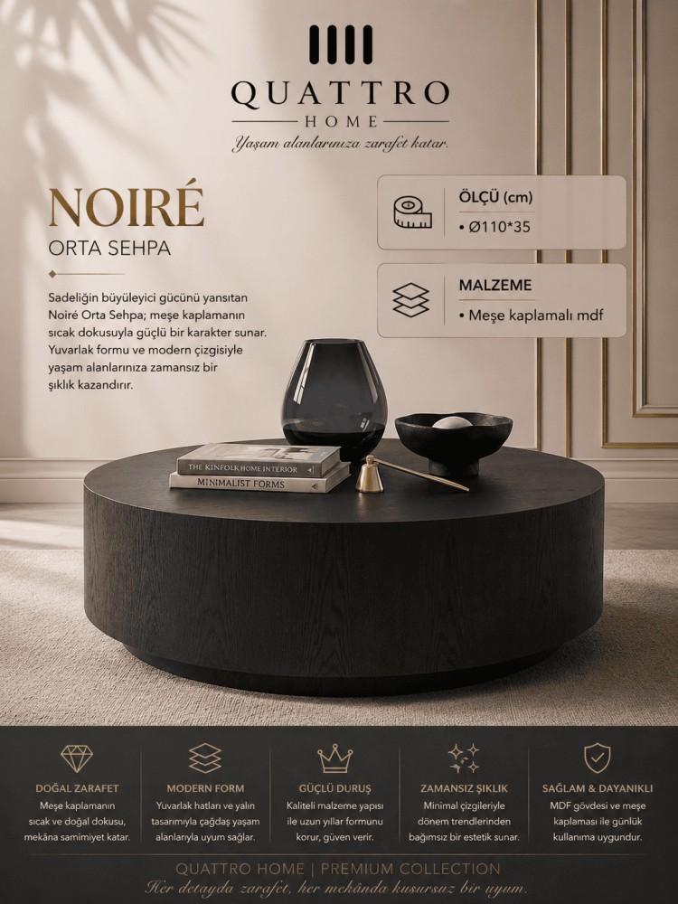 Quattro Home Noiré Yuvarlak Meşe Kaplamalı MDF Orta Sehpa Siyah Ø110x35 cm