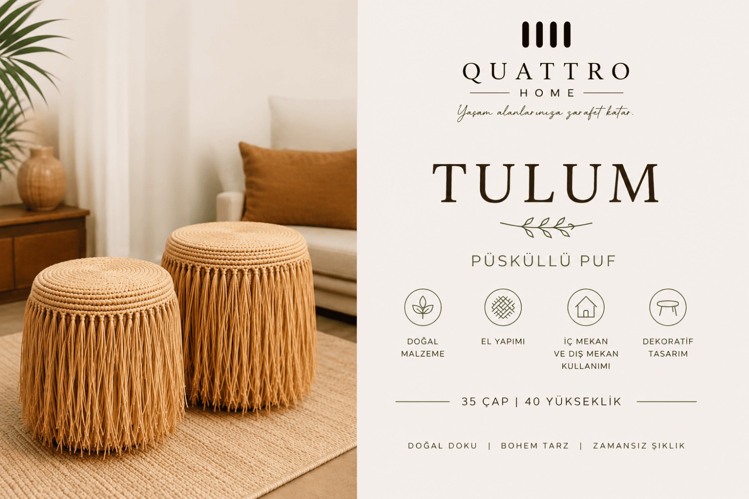 TULUM Püsküllü Yuvarlak Puf Dekoratif Oturma Pufu
