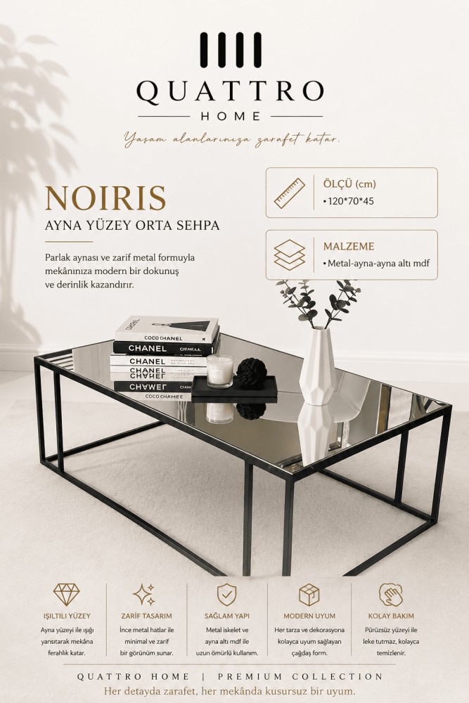 Quattro Home Noiris Dikdörtgen Ayna Yüzey Orta Sehpa Siyah Metal Ayaklı 120x70x45 cm