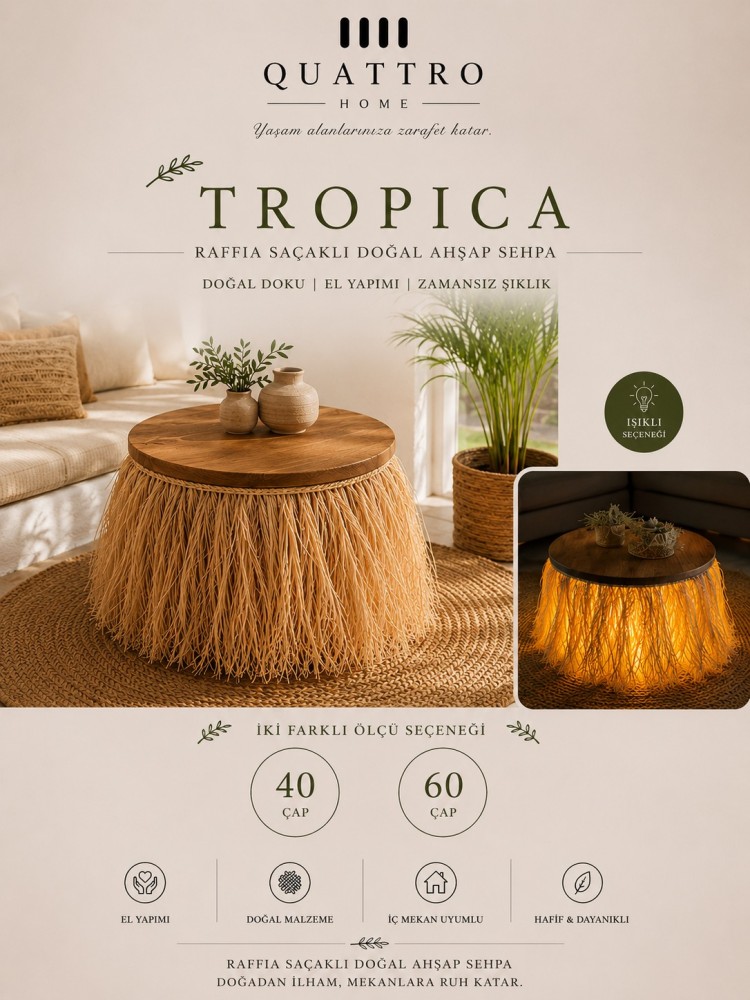 TROPICA Rafya Saçaklı Sehpa Kayın Ağacı Demonte