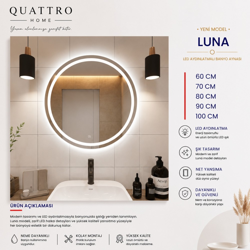 Luna LED Aydınlatmalı Yuvarlak Banyo Aynası Neme Dayanıklı Modern Dekoratif Ayna