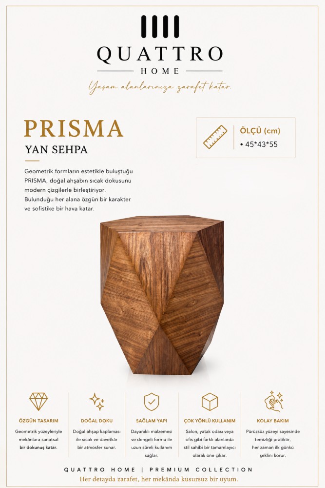 Quattro Home Prisma Geometrik Ahşap Kaplamalı Yan Sehpa 45x43x55 cm