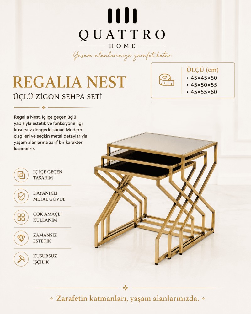 Quattro Home Regalia Nest Dikdörtgen Üçlü Zigon Sehpa Seti Gold Metal Aynalı Yüzey 45x45x50 45x50x55 45x55x60 cm