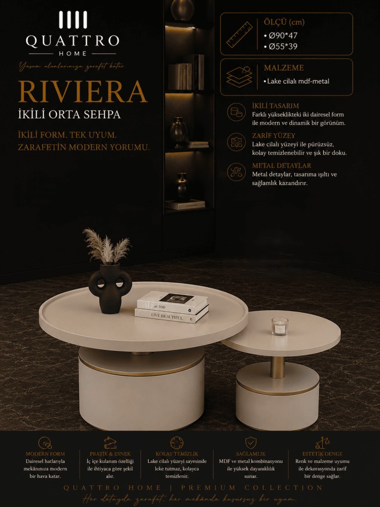 Quattro Home Riviera İkili Orta Sehpa Krem Gold Lake Cilalı MDF Metal Ayaklı Ø90x47 Ø55x39 cm