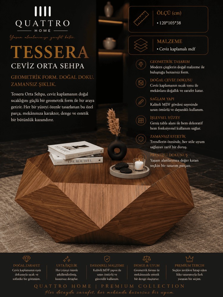 Quattro Home Tessera Ceviz Kaplamalı MDF Geometrik Orta Sehpa 120x105x38 cm