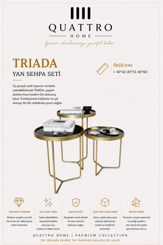 Quattro Home Triada Üçlü Yuvarlak Yan Sehpa Seti Gold Metal Ayaklı Aynalı Yüzey 40x42 40x51 40x60 cm