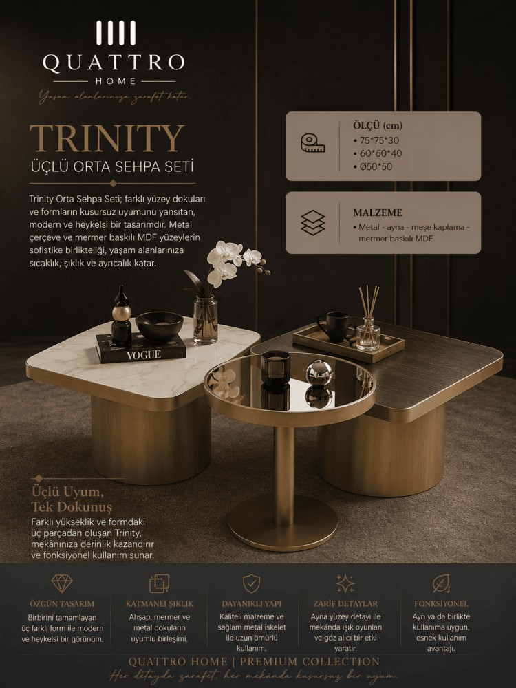 Quattro Home Trinity Üçlü Orta Sehpa Seti Metal Aynalı Meşe Kaplama Mermer Baskılı MDF 75x75x30 60x60x40 Ø50x50 cm