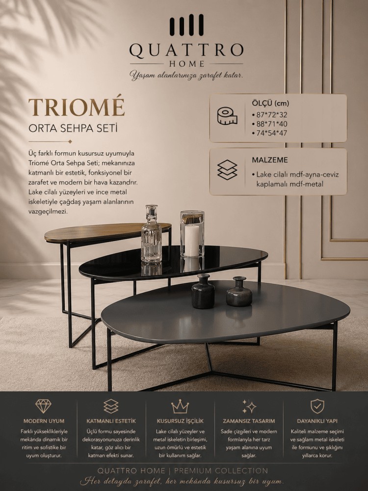 Quattro Home Triomé Organik Formlu Üçlü Orta Sehpa Seti Lake Cilalı MDF Aynalı Ceviz Kaplamalı Metal 87x72x32 88x71x40 74x54x47 cm