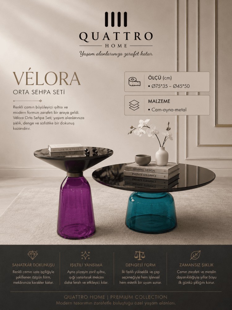 Quattro Home Vélora Yuvarlak Orta Sehpa Seti Renkli Cam Aynalı Metal Ø75x35 Ø45x50 cm