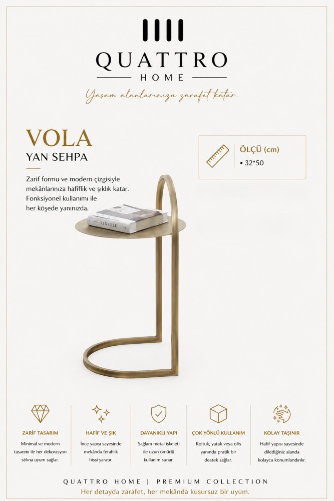 Quattro Home Vola C Form Gold Metal Yan Sehpa