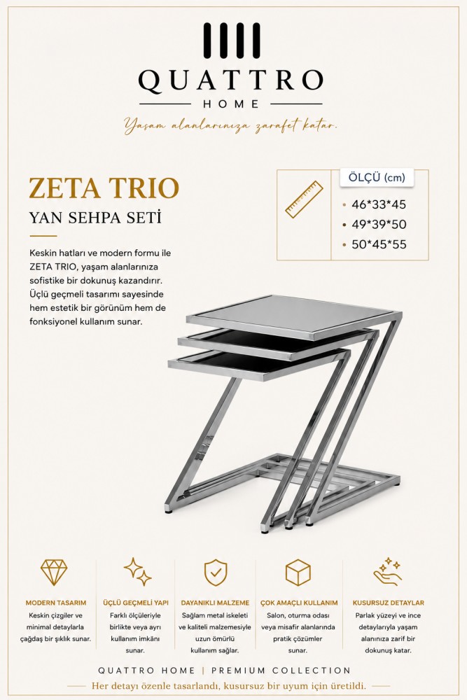 Quattro Home Zeta Trio Dikdörtgen Üçlü Yan Sehpa Seti Gümüş Metal Parlak Yüzey