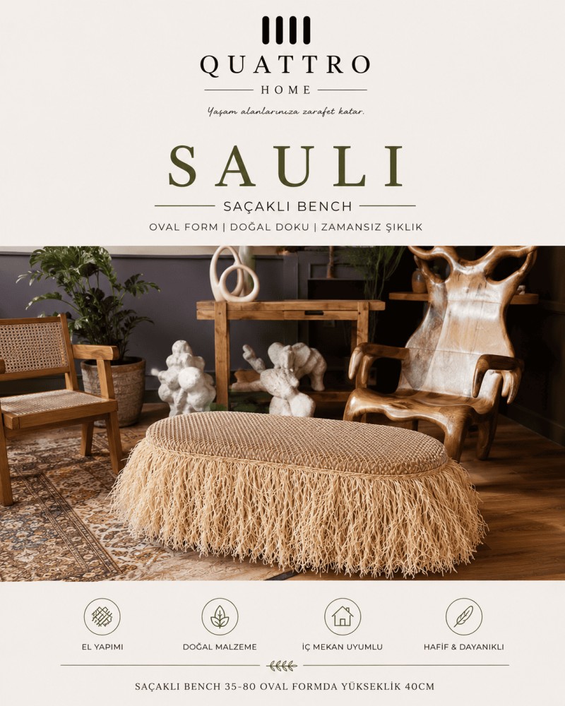 SAULI Saçaklı Bench 35x80 cm Oval Form Hasır Dokulu Dekoratif Puf Bench