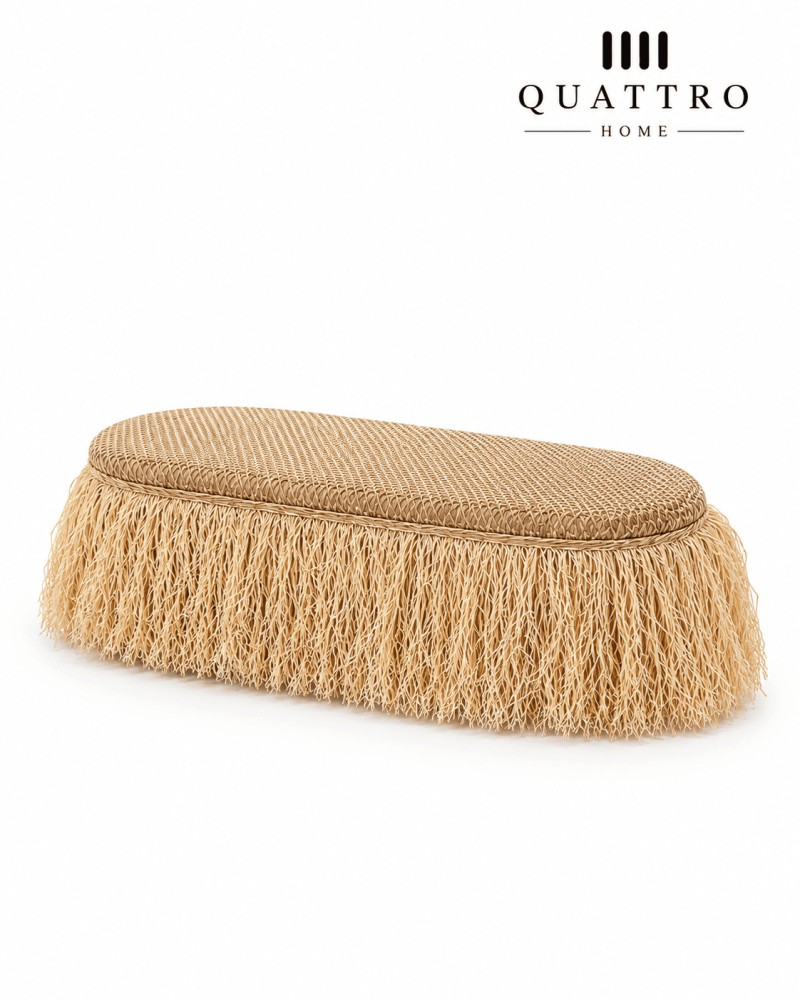 SAULI Saçaklı Bench 35x80 cm Oval Form Hasır Dokulu Dekoratif Puf Bench görsel 2