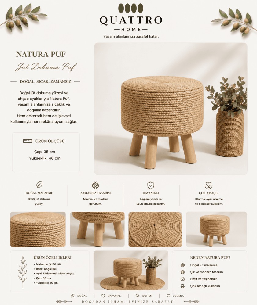 NATURA  Jüt Dokuma Puf 35 cm Çap 40 cm Yükseklik Ahşap Ayaklı Dekoratif Puf