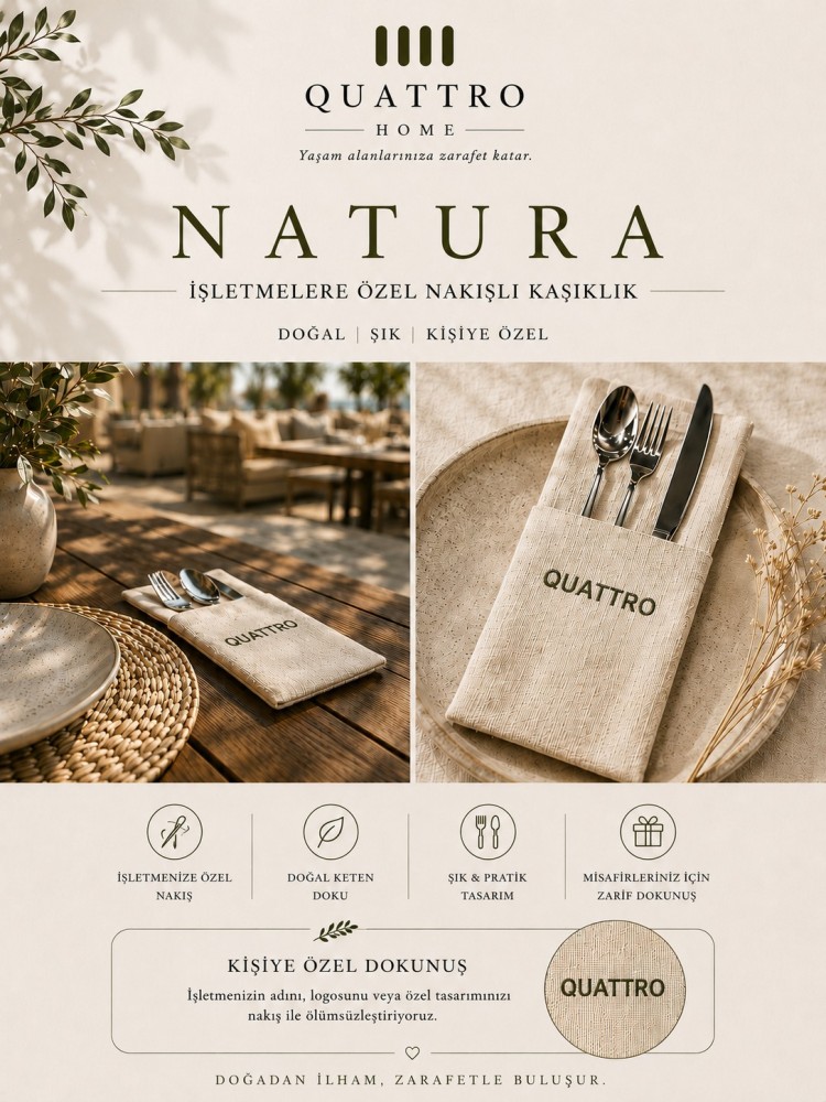 NATURA İşletme İsim Logo İşlemeli Kaşıklık Kişiye Özel Servis Kaşık Çatal Bıçak Kılıfı