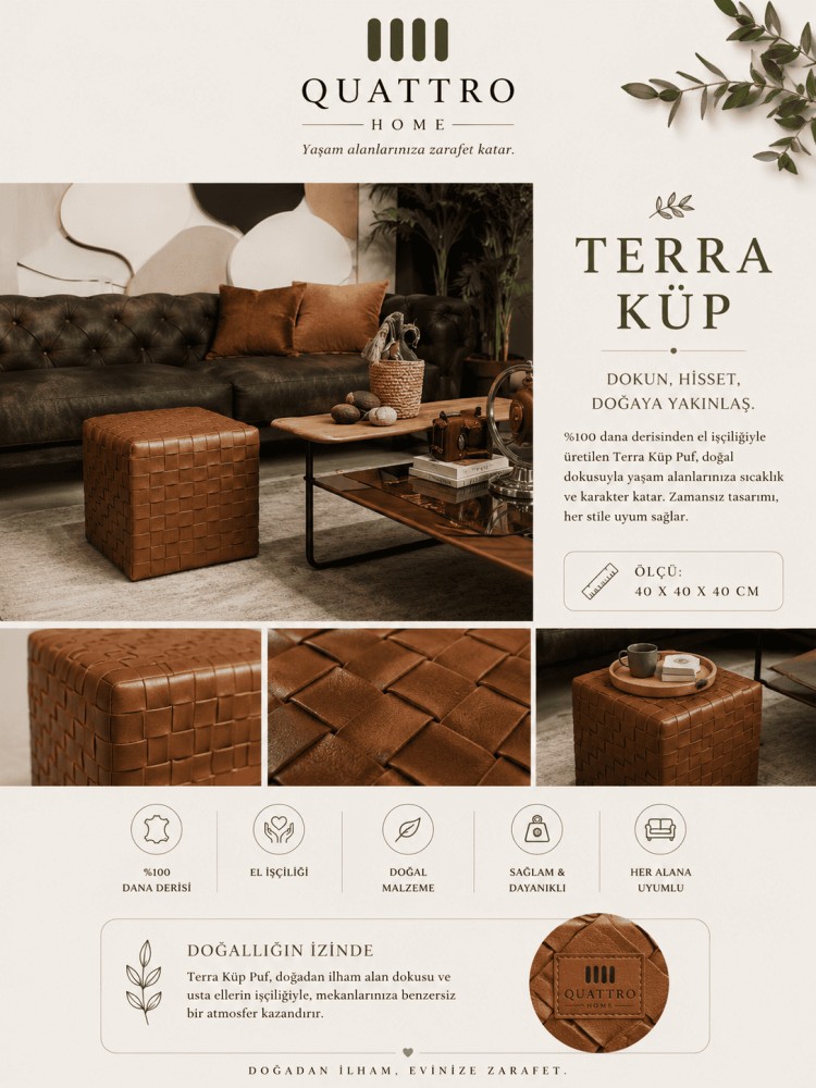 TERRA Küp Deri Puf 40x40x40 cm Dekoratif Deri Oturma Pufu