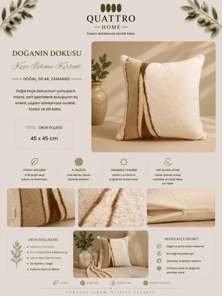 Keçe İşleme Teddy Kırlent Dekoratif Yastık Kılıfı