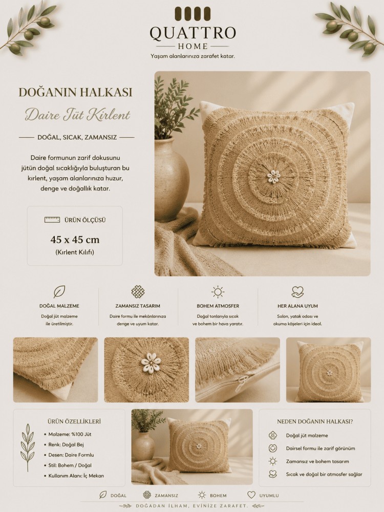 Daire Jüt Saçaklı Kırlent Dekoratif Bohem Yastık Kılıfı