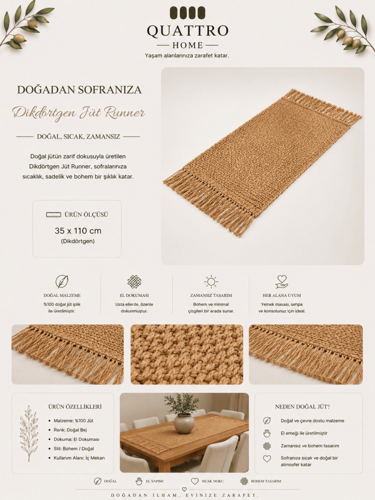 Runner Dikdörtgen 35x110 cm Saçaklı Hasır Görünümlü Dekoratif Masa Örtüsü
