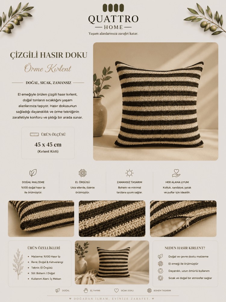 Çizgili Hasır Örme Kırlent Dekoratif Bohem Yastık Kılıfı
