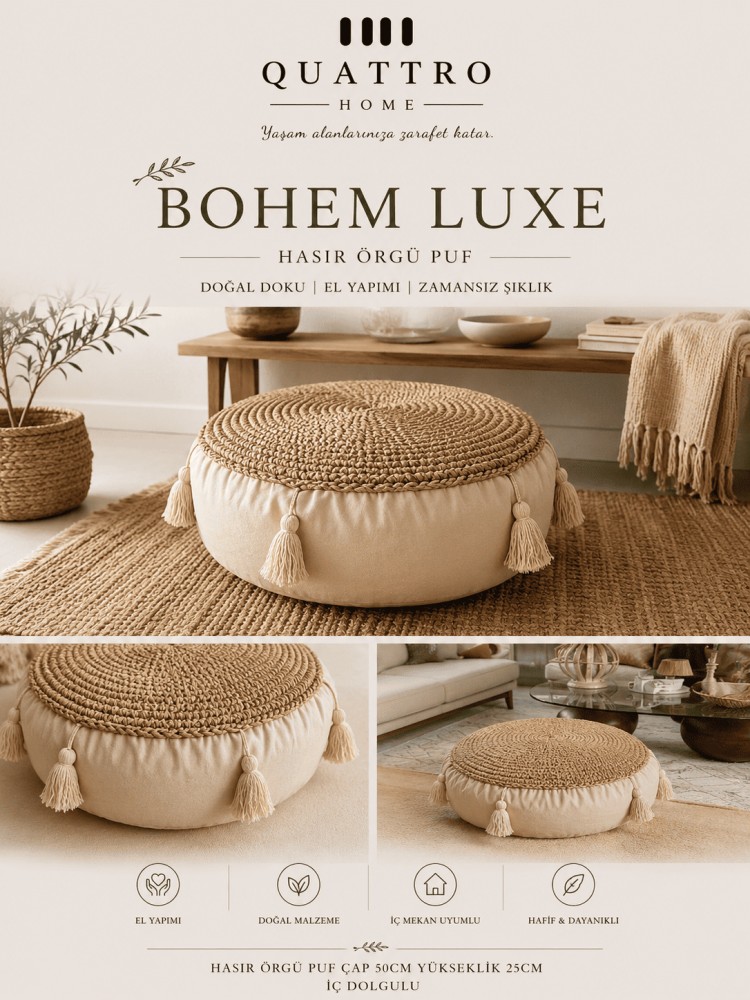 BOHEM LUXE Hasır Örgü PUF Minder İç Dolgulu Dekoratif Yer Minderi
