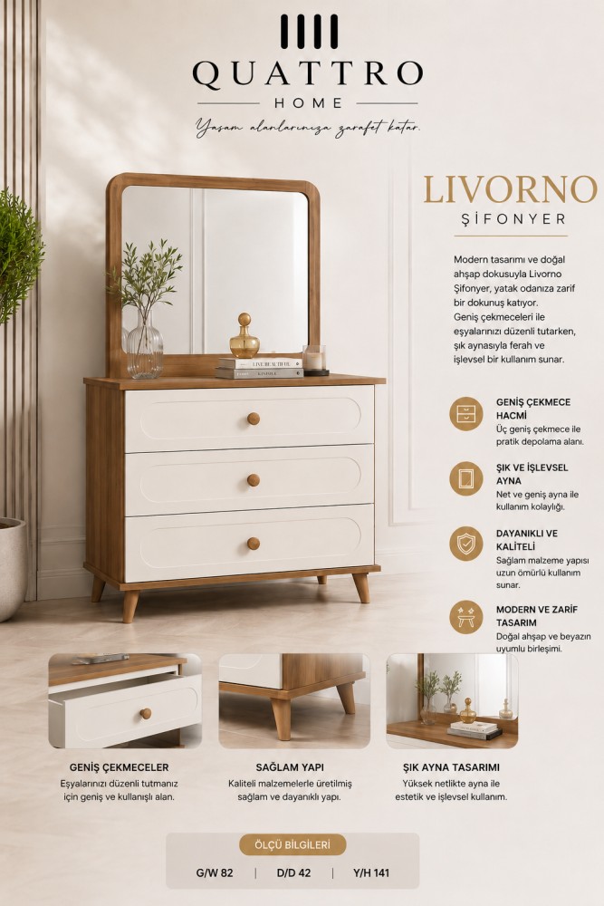 Quattro Home Livorno Aynalı Şifonyer – 3 Çekmeceli Modern Ahşap Beyaz Şifonyer