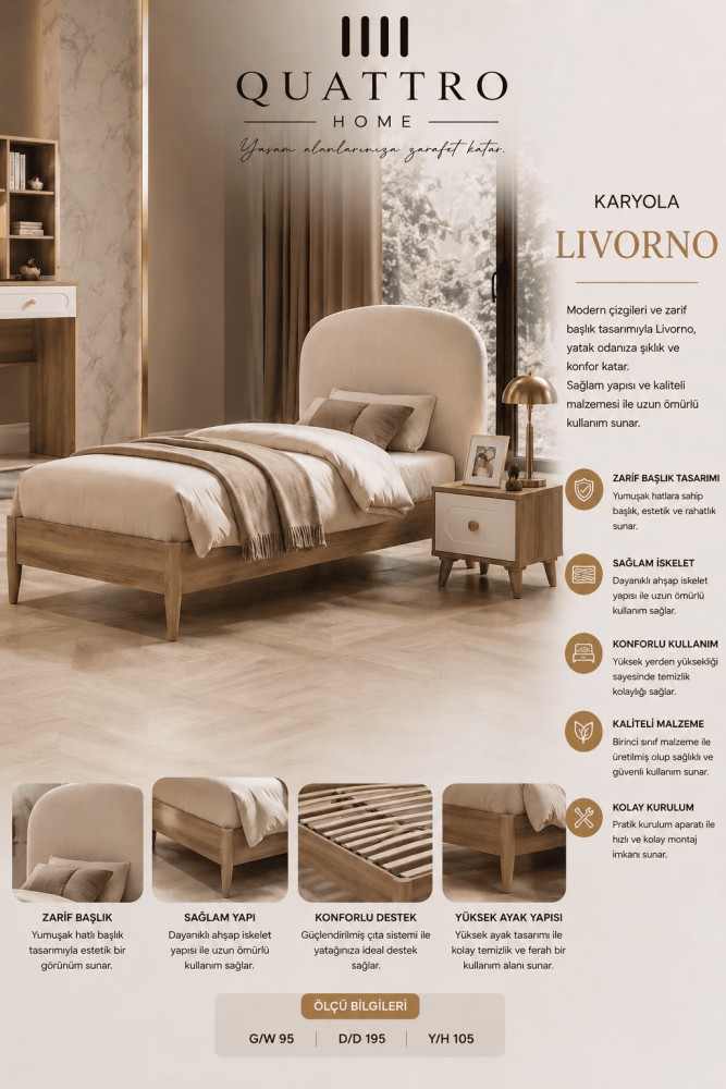 Quattro Home Livorno Karyola – Zarif Başlıklı Modern Ahşap Tek Kişilik Karyola
