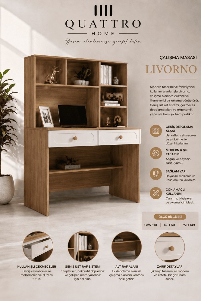 Quattro Home Livorno Çalışma Masası – Raflı ve Çekmeceli Modern Ahşap Çalışma Masası