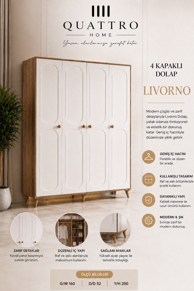 Quattro Home Livorno 4 Kapaklı Dolap – Geniş İç Hacimli Modern Gardırop
